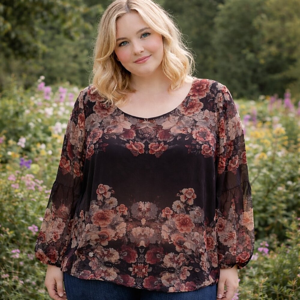 Boutique Black and Pink Puff Sheer Sleeve Floral Blouse. Lined Size 1X